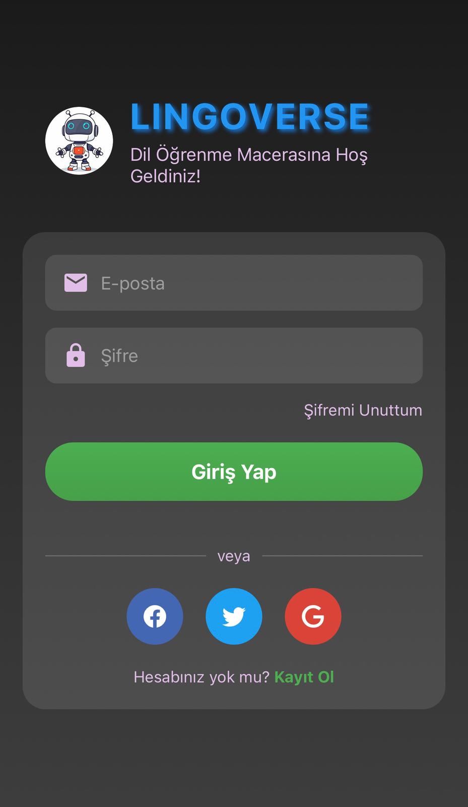 LingoVerse mobil uygulama ekran görüntüsü