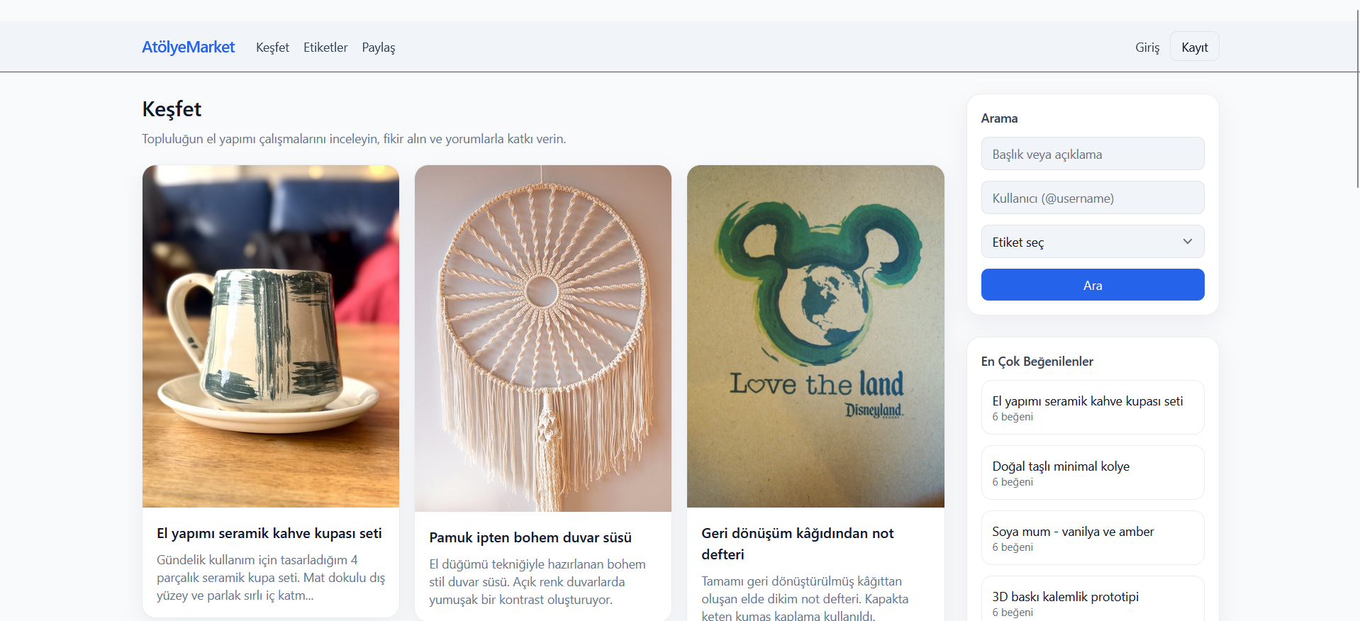 Atolye Market kesfet sayfasi ekran goruntusu